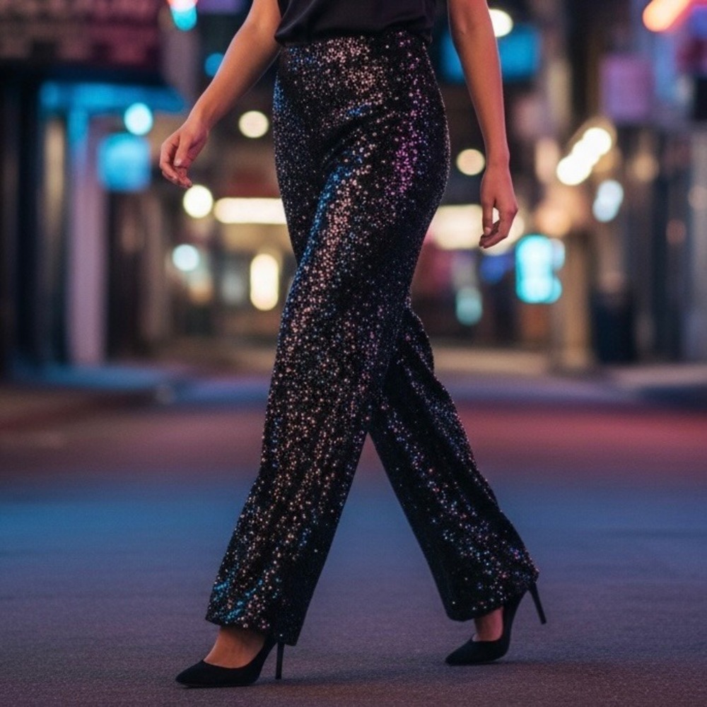 Sparkly Velvet & Sequin Wide Leg Pants Black Glitter Party DazzleOccasion Size S